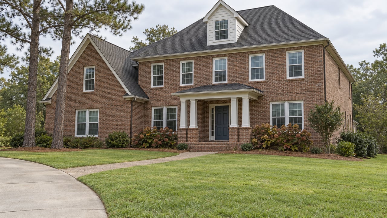Traditional brick home with white-trimmed windows, a recessed porch, broad lawn, and two mature longleaf pines under bright overcast light.