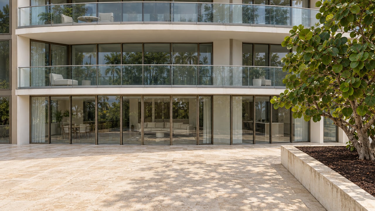 Curved glass condominium façade above a pale stone terrace, with broad balconies and one sculptural sea grape tree in a raised planter.