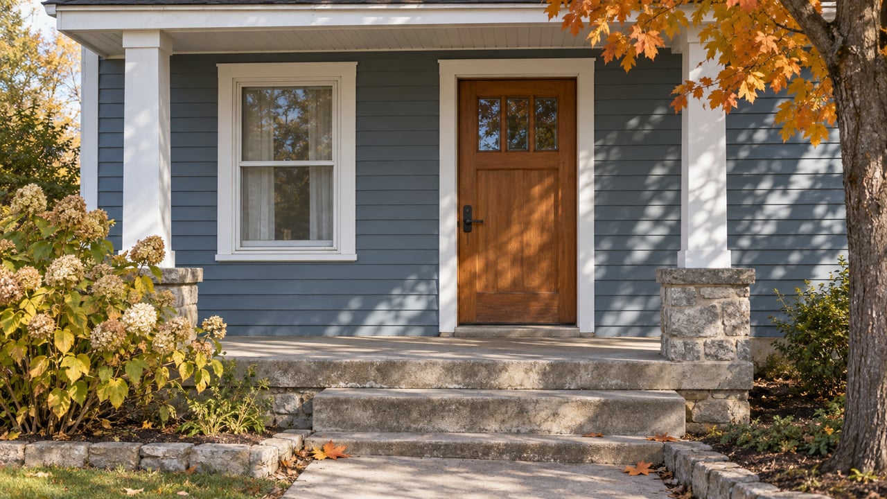 Blue-gray house entry with a wood door, white porch posts, limestone foundation and autumn maple leaves.