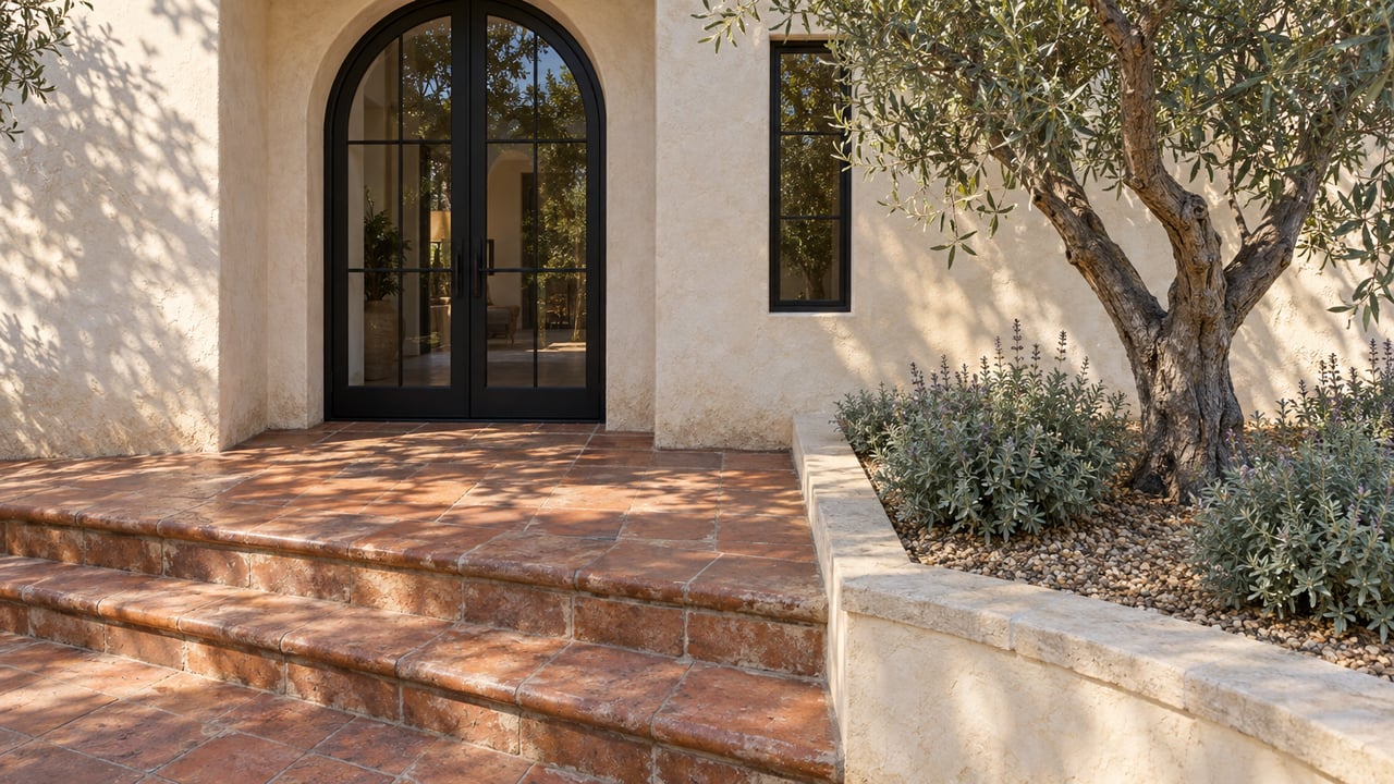 Cream stucco home with an arched glazed double entry, weathered terracotta steps and a mature olive tree in a raised planting bed.