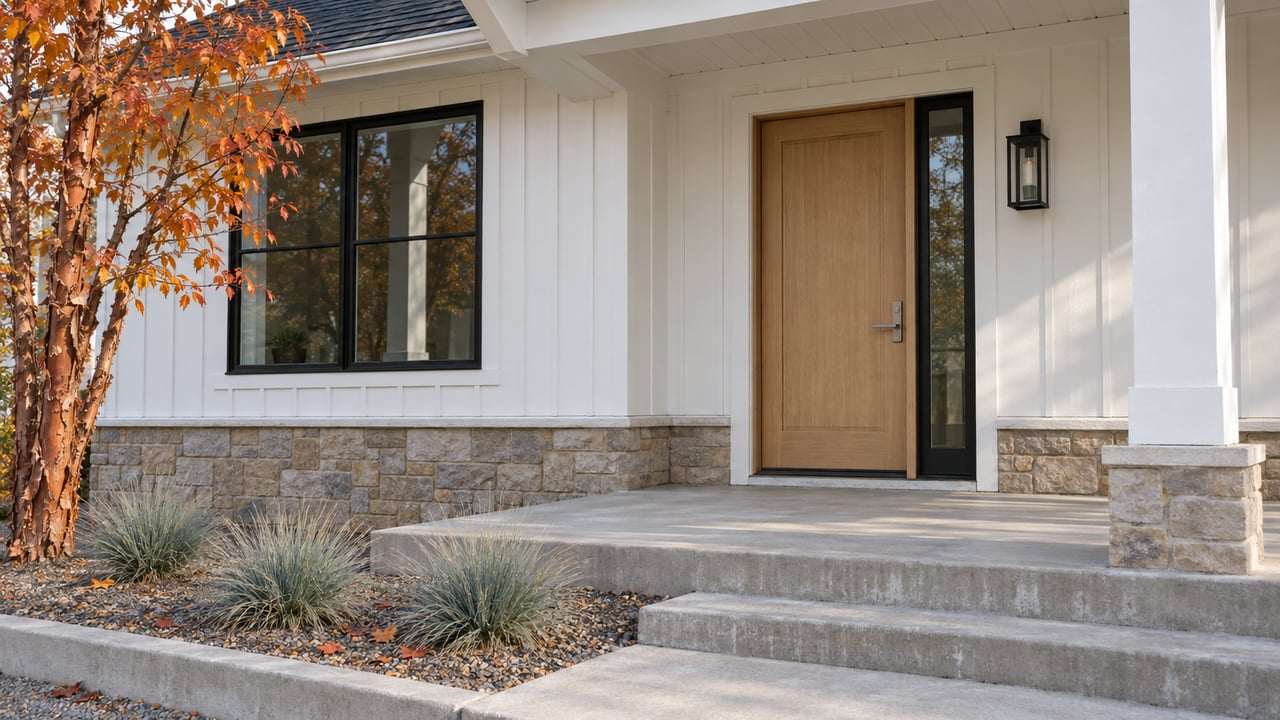 Covered home entry with white board-and-batten siding, an oak door, concrete steps and an autumn paperbark maple.