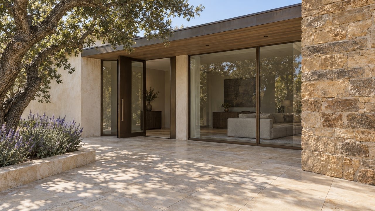 Sunlit limestone entry terrace beside a sandstone and glass home, with a mature live oak shading the approach.