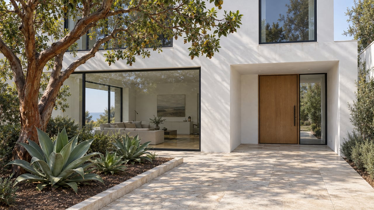 Modern white-stucco home with tall black-framed windows, a recessed oak entry door, limestone approach, and a sculptural strawberry tree beside three agaves.