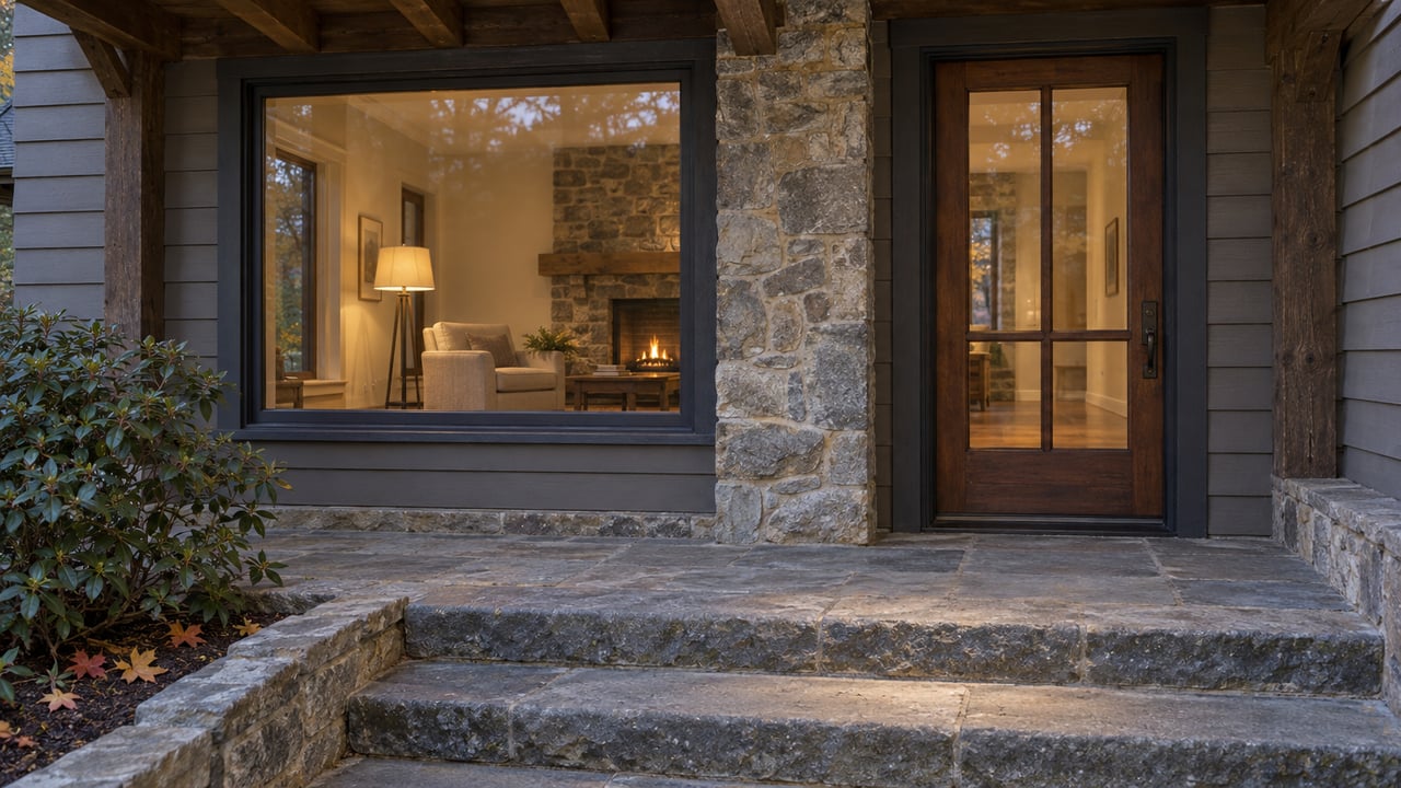 Twilight at a timber-and-stone home's sheltered entry, with bluestone steps and a warmly lit room behind closed glass.