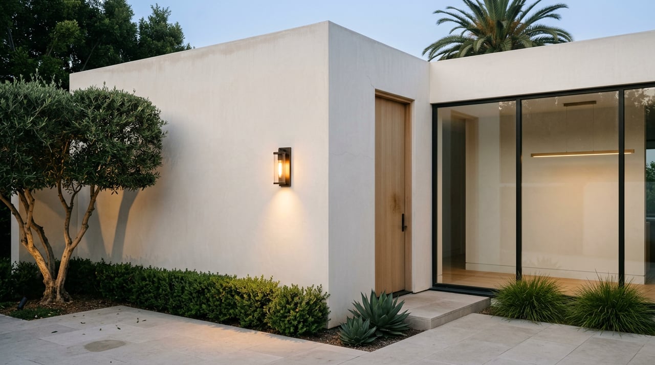 Stucco residence corner with an oak door, olive tree, and warm-lit wall sconce