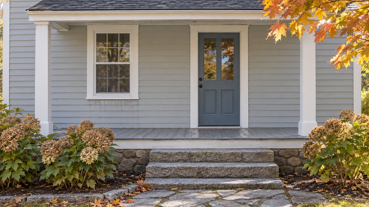 Gray clapboard home entry with a blue-gray glazed door, white porch posts, granite steps and autumn maple leaves.