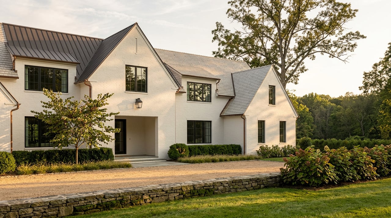 White-brick estate with dark metal gables, black-framed windows, and long tree shadows across its gravel motor court.