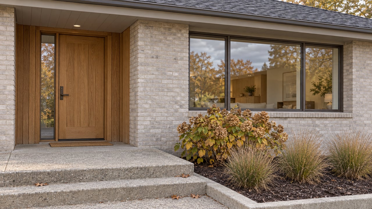 An oak entry door and bronze-framed window set in pale painted brick, with concrete steps and dried hydrangea flowers.