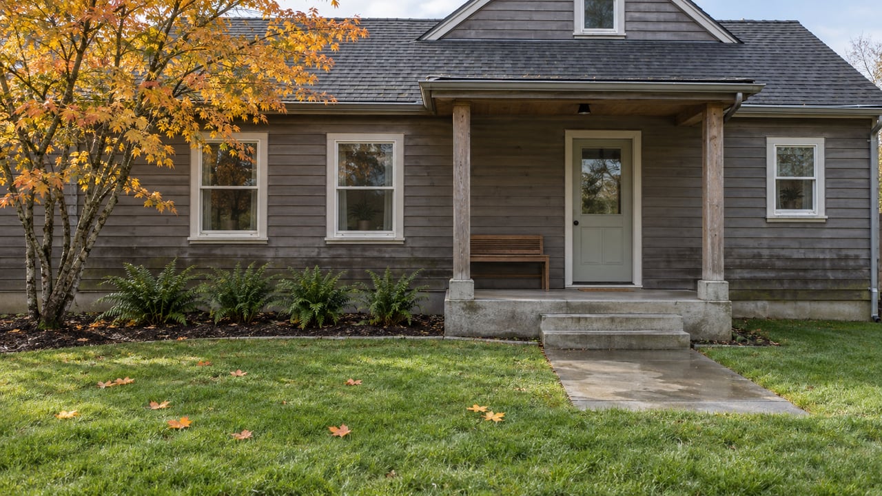 Cedar-sided home with a covered back porch, damp concrete approach, autumn vine maple and sword ferns beside a green lawn.
