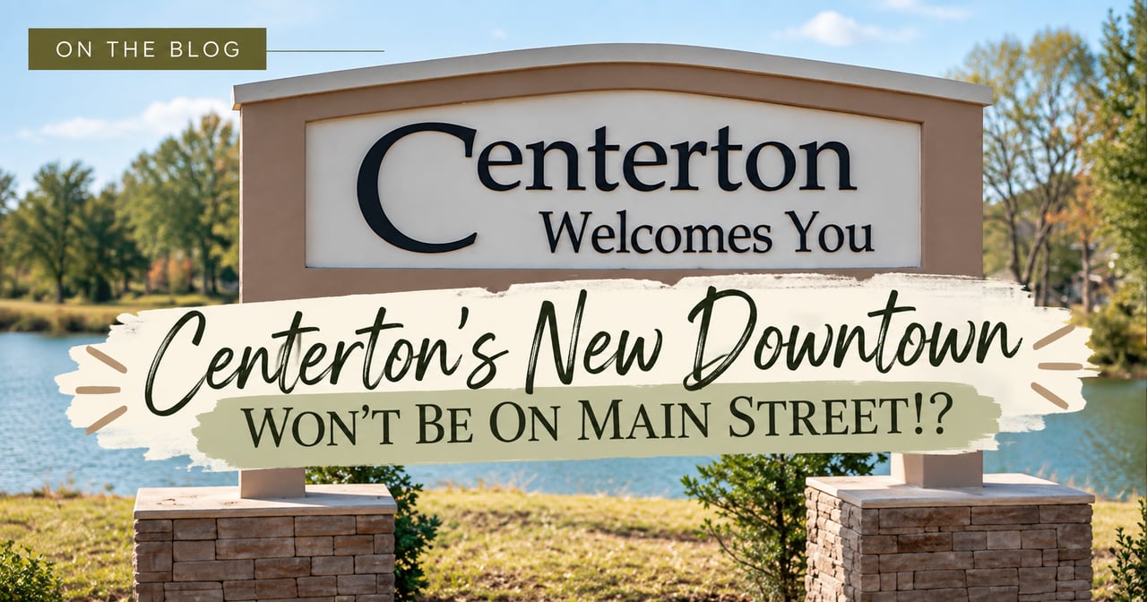 Blog graphic about Centerton’s planned downtown location, over a photo of the town welcome sign by a lake.