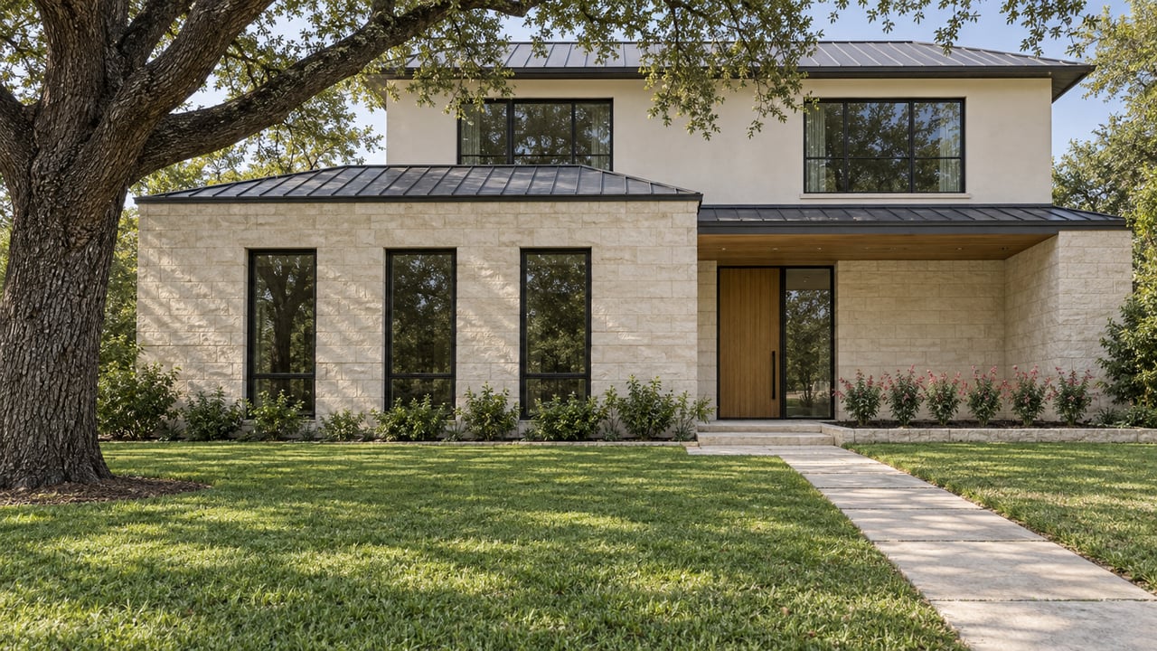Contemporary two-story home with cream limestone, black-framed windows, a warm wood entry and a deep lawn beneath a mature oak.