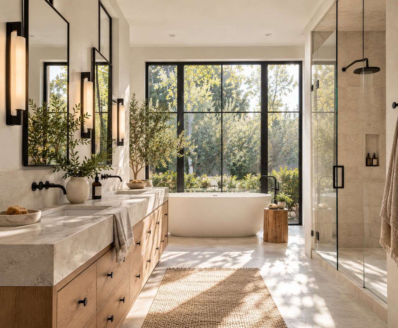Bright bathroom with a freestanding tub by garden-facing windows, marble vanity, and warm wall sconces.