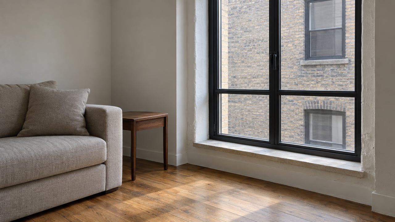 Oatmeal sofa beside a tall black-framed window overlooking a neighboring buff-brick wall.