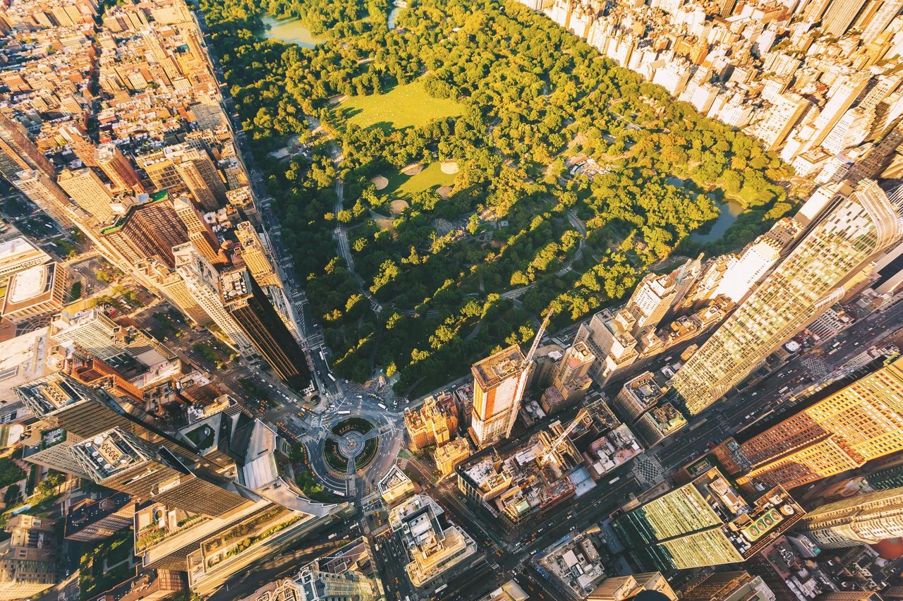 Central Park surrounded by Manhattan high-rises in warm late-afternoon light.