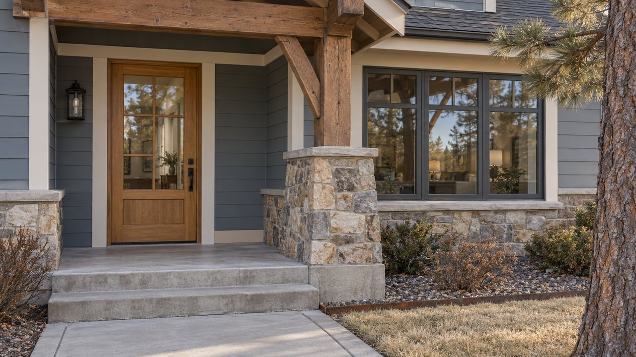 Afternoon light on a recessed timber porch, stone pier and glazed oak front door beside a ponderosa pine.