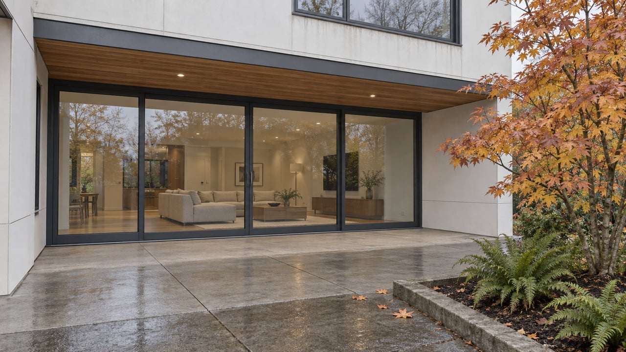 Contemporary home with dark-framed glass doors, a sheltered concrete terrace, and copper-yellow maple leaves in a small garden.