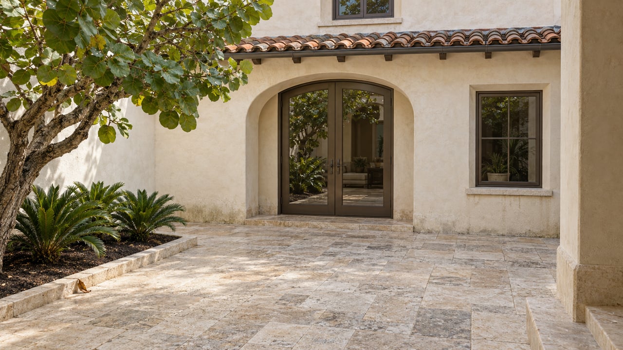 Cream stucco courtyard with an arched bronze-framed double doorway, worn limestone paving and a sculptural sea grape tree.