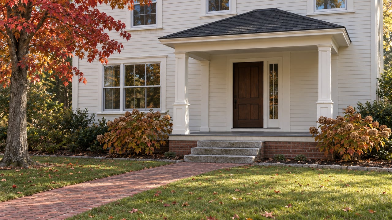 White-sided home with a covered porch and brick walkway beneath colorful autumn trees.