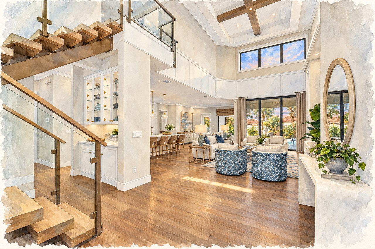 Double-height living room with a wood-and-glass staircase, exposed beams, and windows overlooking tropical landscaping.