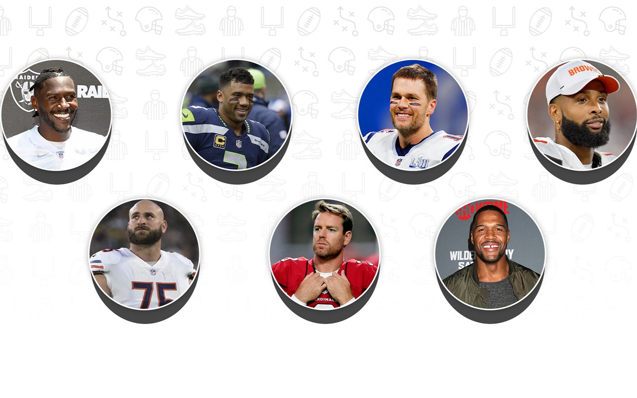 Seven NFL players in circular portrait cutouts against a football-themed background.