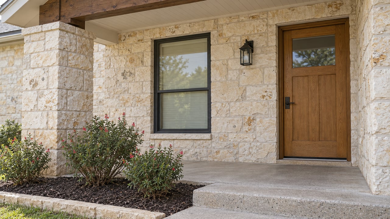 Covered limestone home entry with a timber front door, charcoal-framed window and red-flowering sage beside a concrete step.
