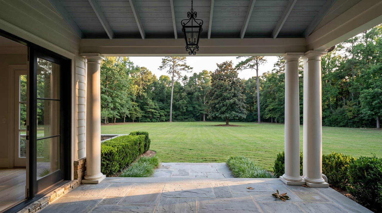White porch columns frame a broad lawn and magnolia trees, with warm light spilling across bluestone steps.