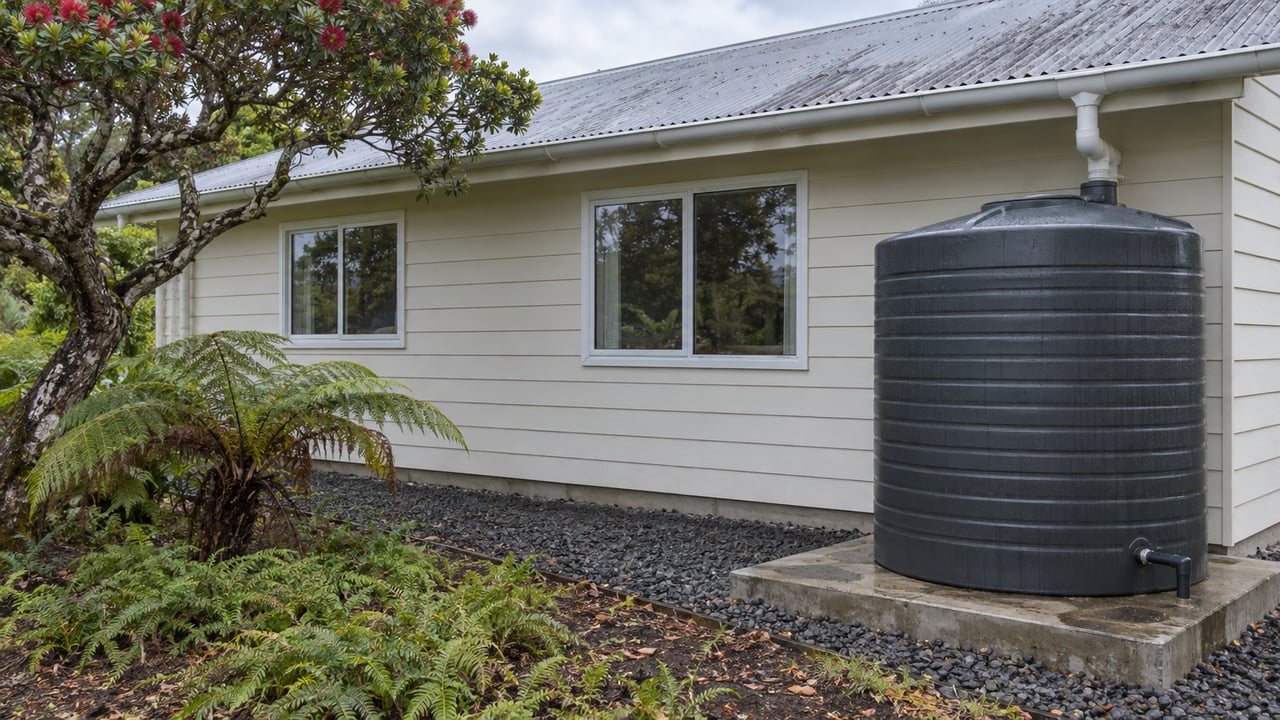 House side wall with two windows and a rainwater tank beside gravel, surrounded by tropical plants.