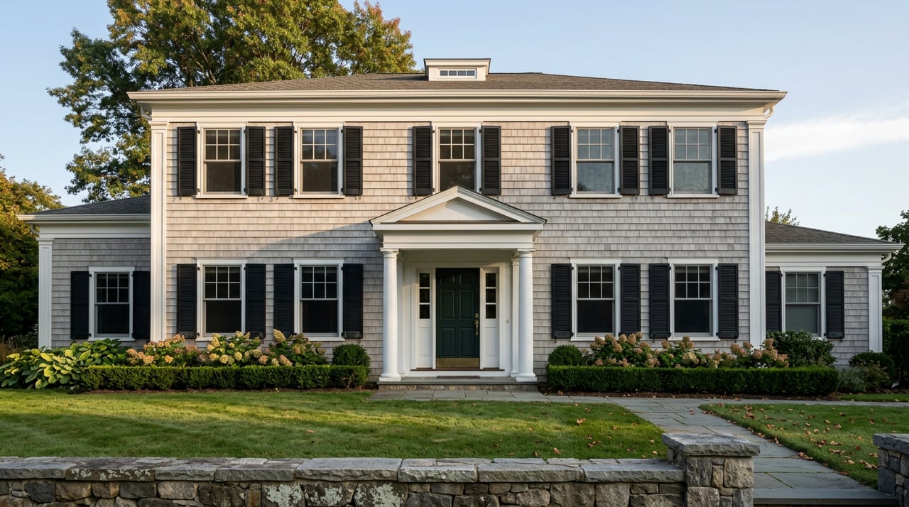 Gray-shingled two-story house with white columns, green door, black shutters, lawn, and a fieldstone wall.