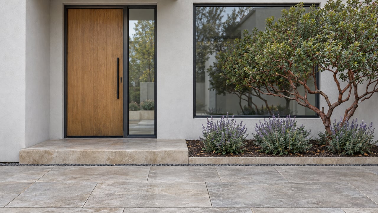 Attached home entry with an oak door, steel-framed windows, stone paving, and a pruned manzanita.