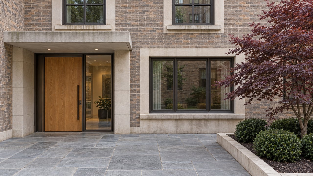 Brick multifamily entrance with an oak door, bronze-framed windows, bluestone forecourt and a burgundy Japanese maple.