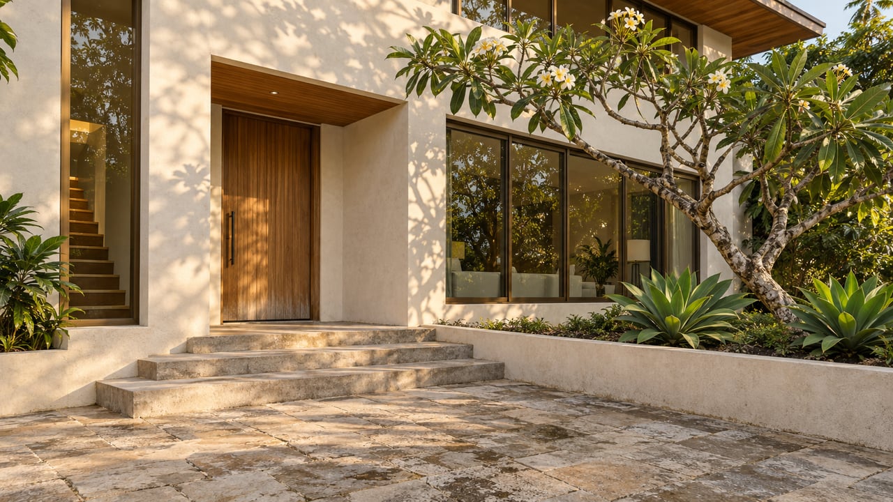 Two-story ivory stucco home with a recessed teak door, broad steps, and a Plumeria tree beside the entry.