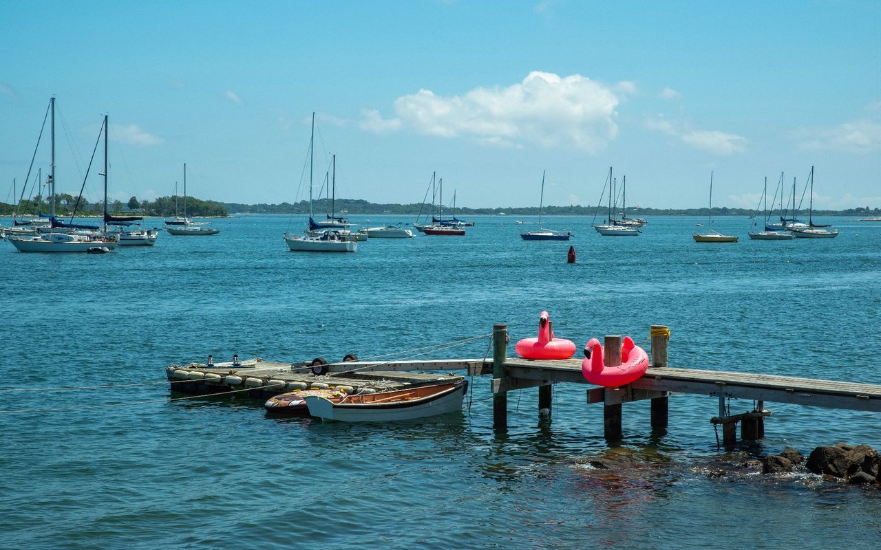 Sailboats in a sunny harbor, with a dock, small boat, and pink flamingo floats in the foreground.