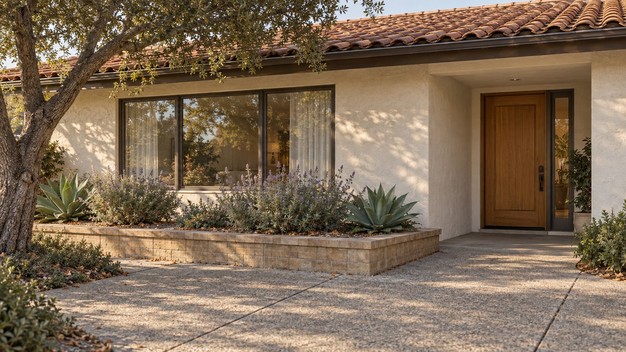 Warm stucco home with a low terracotta roof, bronze-framed window and oak entry door beside a raised brick planter with sage and agave.