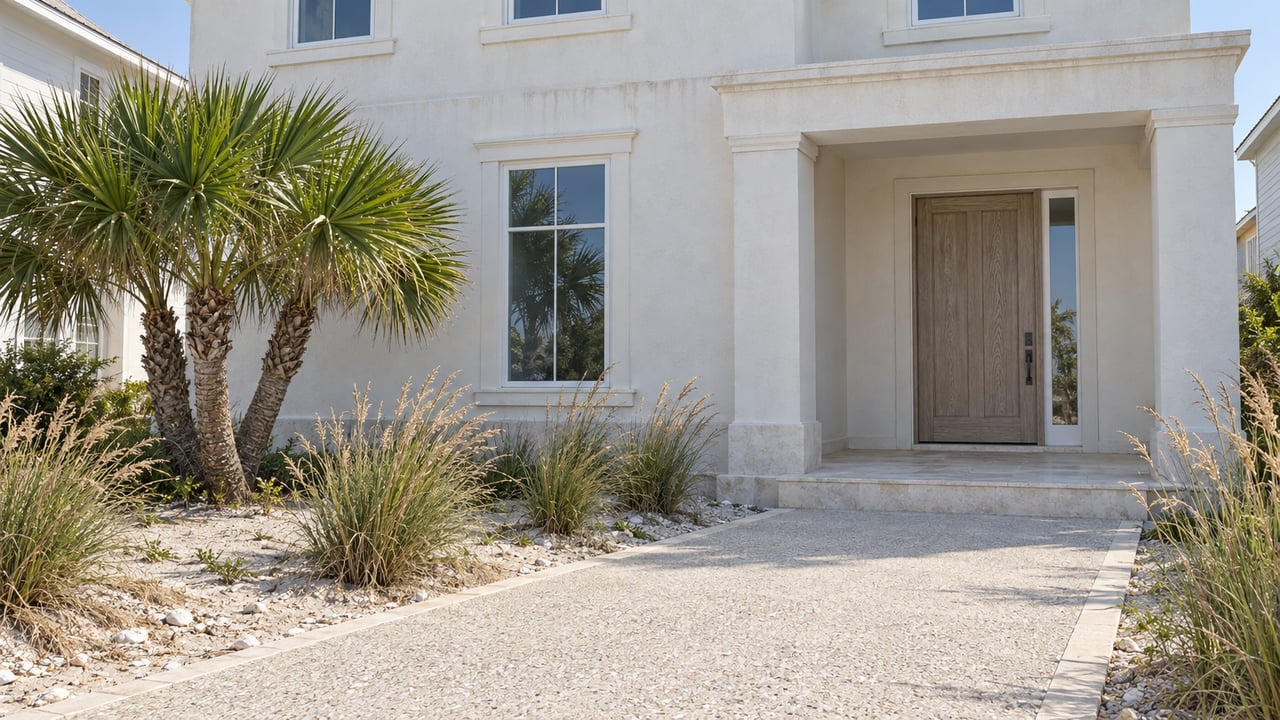 White stucco coastal home with a pale shell aggregate approach, limestone porch, sculptural saw palmetto and sea oats.