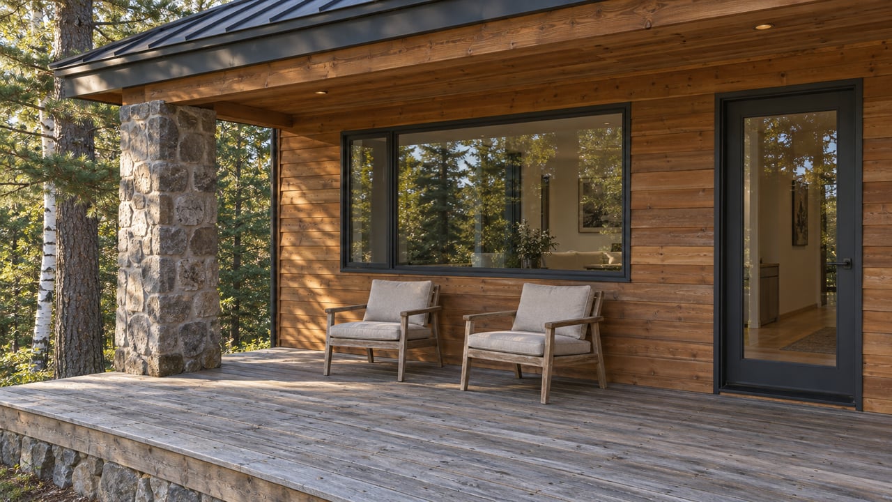 Weathered cedar porch with two teak chairs beside a glazed entry, a fieldstone support pier and white-barked birch trees.