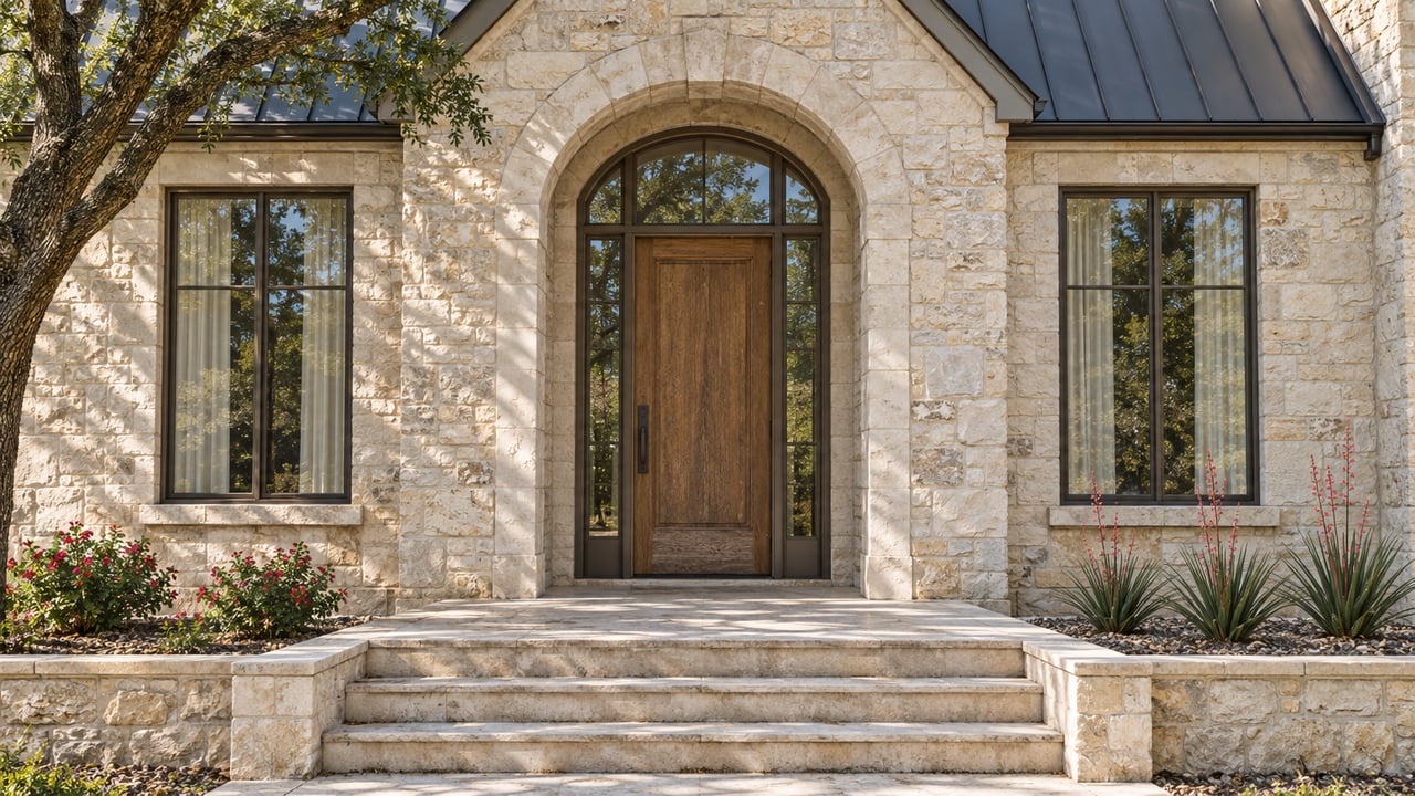 Limestone home entry with an arched oak doorway, bronze-framed windows, broad stone steps and carefully spaced drought-adapted planting.