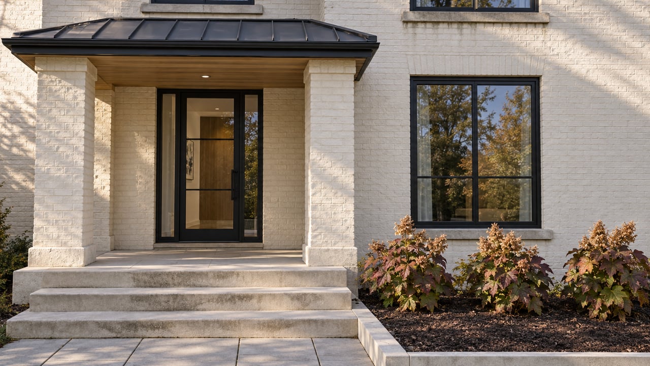 Ivory painted-brick home with a black glass entry door, limestone porch steps and autumn oakleaf hydrangeas.