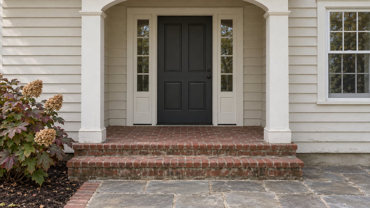 Off-white clapboard home with an arched porch, charcoal front door, worn brick steps, and an oakleaf hydrangea beside a limestone walk.