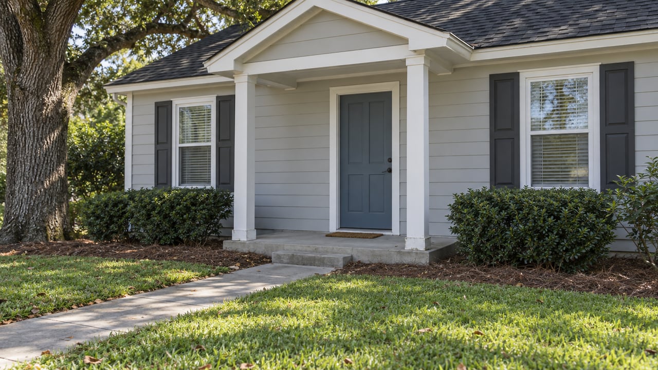 Small gray cottage with a blue front door, shuttered windows, and a concrete walk across the lawn.