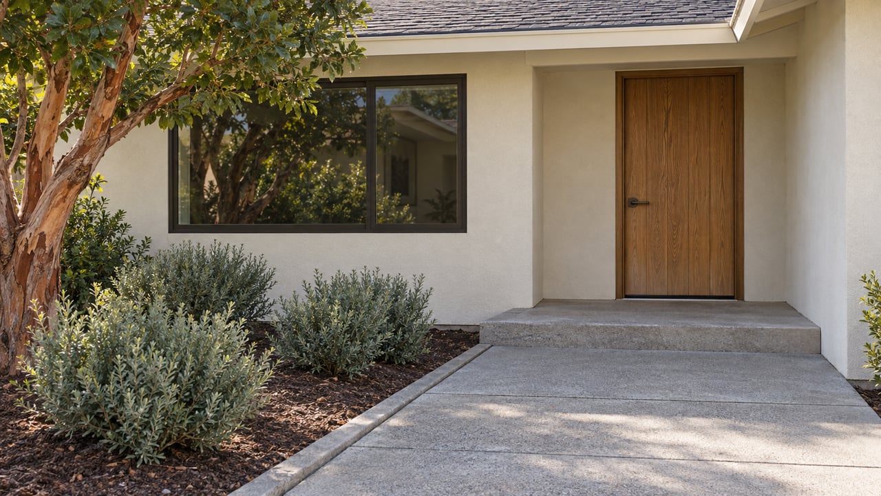 Sunlit stucco home entry with an oak door, dark-framed window, concrete approach and a sculptural strawberry tree.