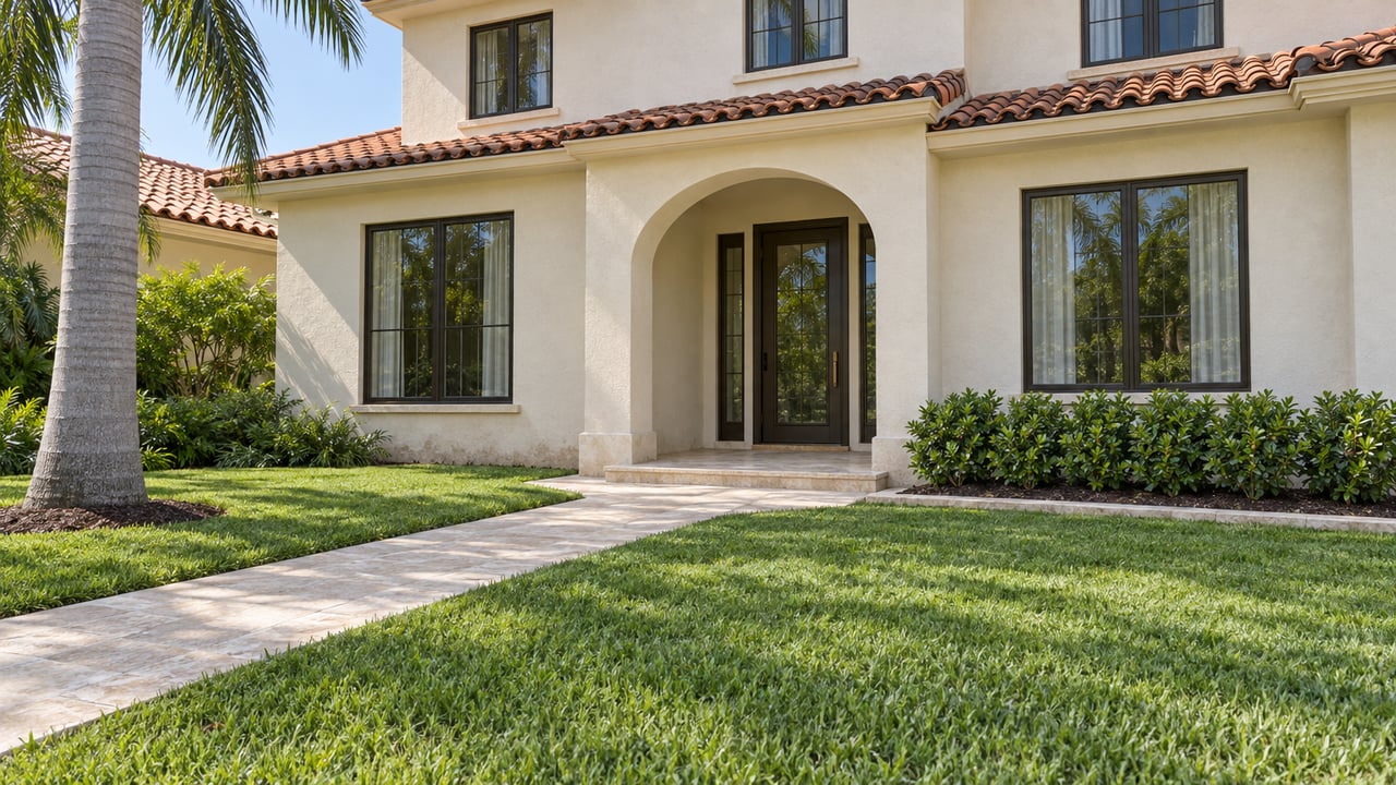 Ivory stucco home with clay roof tiles, bronze-framed windows and a limestone entry path across a deep green lawn.