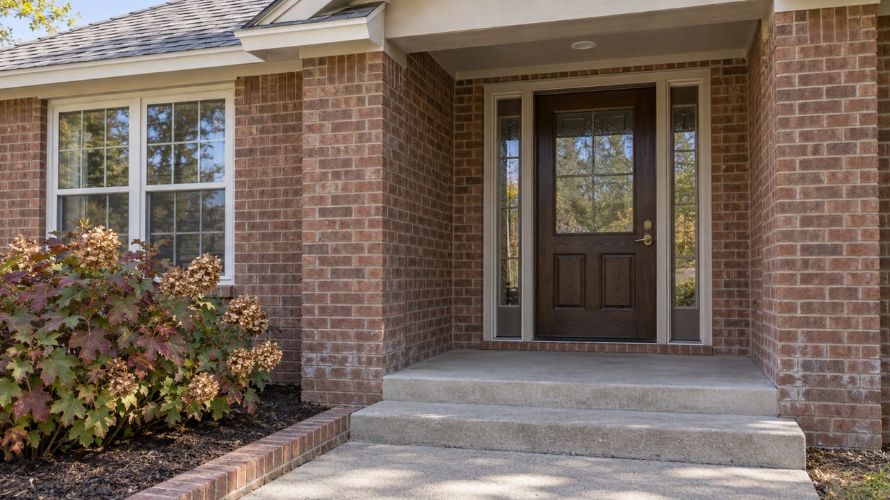 Sunlit red-brown brick home entrance with an oak door, paired glazed sidelights, concrete steps and autumn oakleaf hydrangea.