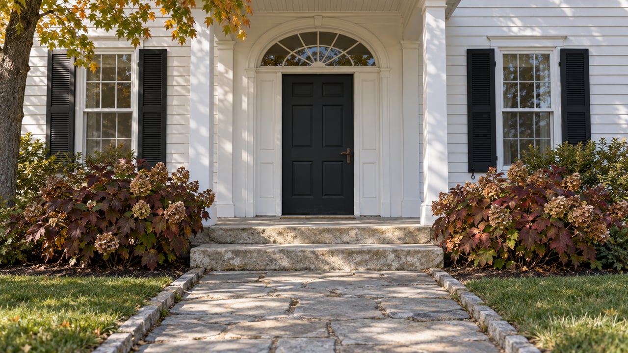 Black front door beneath an arched transom, white siding and paired shuttered windows, with a limestone approach and autumn foliage.