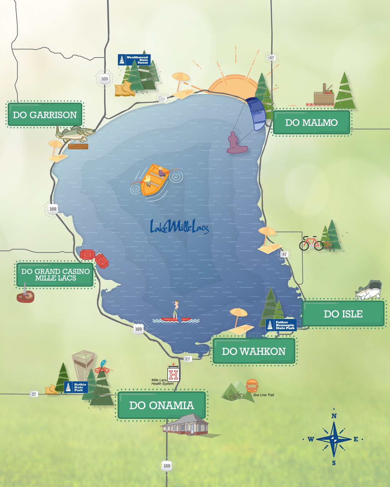 Illustrated map of Mille Lacs Lake showing nearby towns, parks, highways, and recreation landmarks.