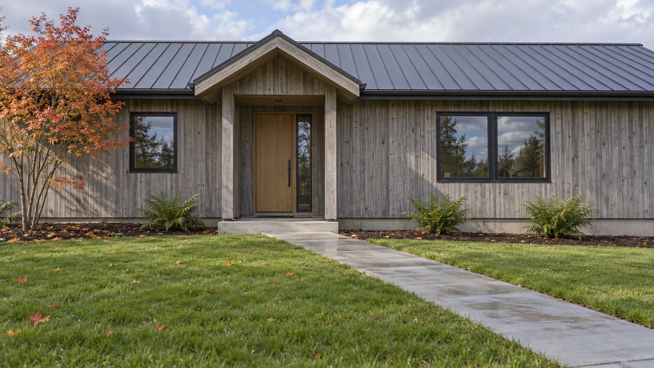 Weathered timber single-story home with a dark gabled roof, rain-dark concrete approach, deep green lawn and an autumn vine maple.