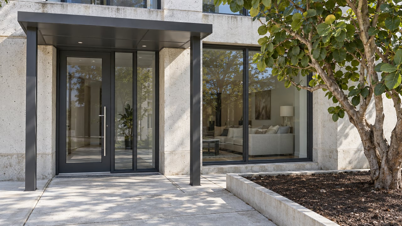 Contemporary residential entrance with ivory concrete, charcoal metal canopy, closed glass door and a seagrape tree in a raised planting bed.