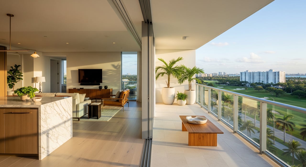 Modern apartment with an open kitchen and living room beside a glass balcony overlooking greenery and high-rises.