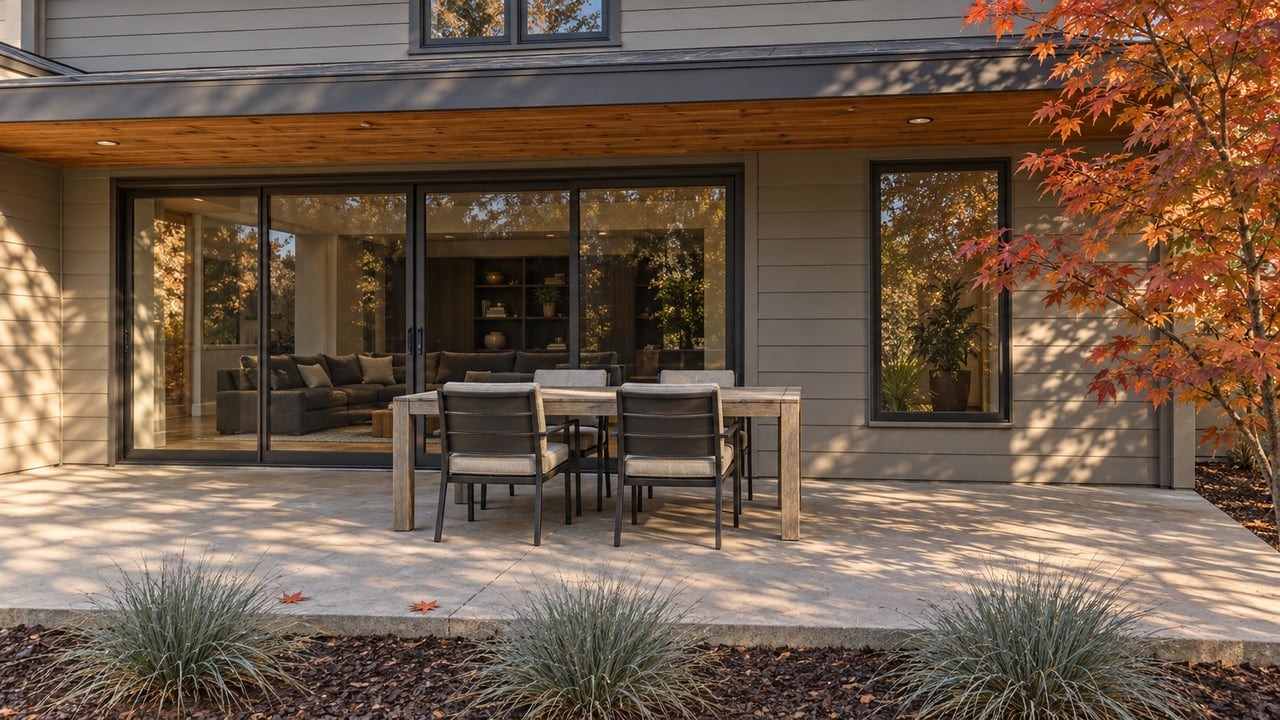Autumn light across a covered residential patio with a teak dining table, closed glass doors and an orange-red vine maple.