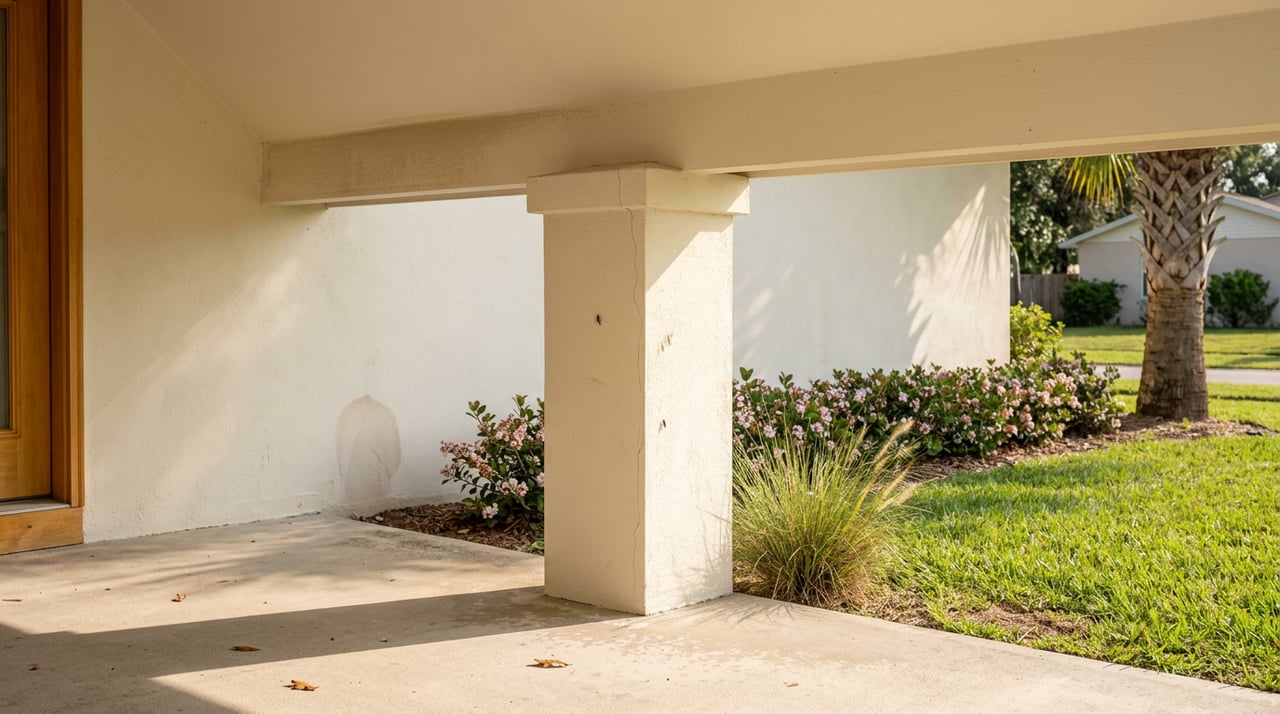 Cream stucco porch column beneath an off-white soffit, with ornamental grass and pink-flowering shrubs nearby.