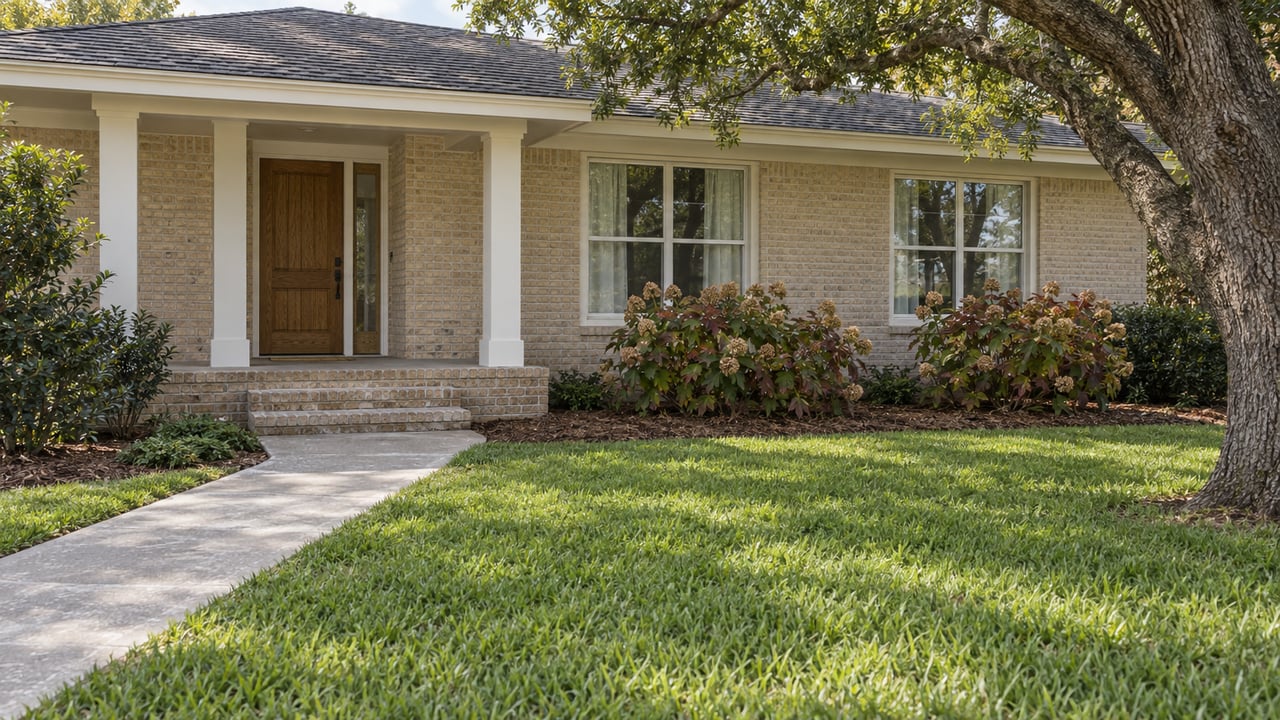 Pale brick single-story home with an oak front door, covered porch, deep lawn, and a mature spreading live oak.